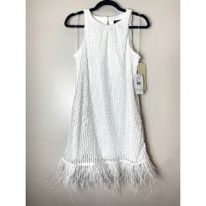 NWT AIDAN MATTOX DRESS 4 WHITE SEQUIN FEATHER FRINGE BRIDAL WEDDING BRIDE MINI